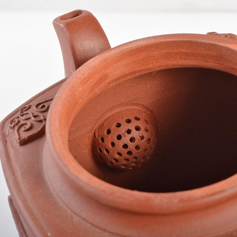 中国　紫砂　朱泥　山水人物神獣文　四方急須　茶壷　在銘　C　R6149