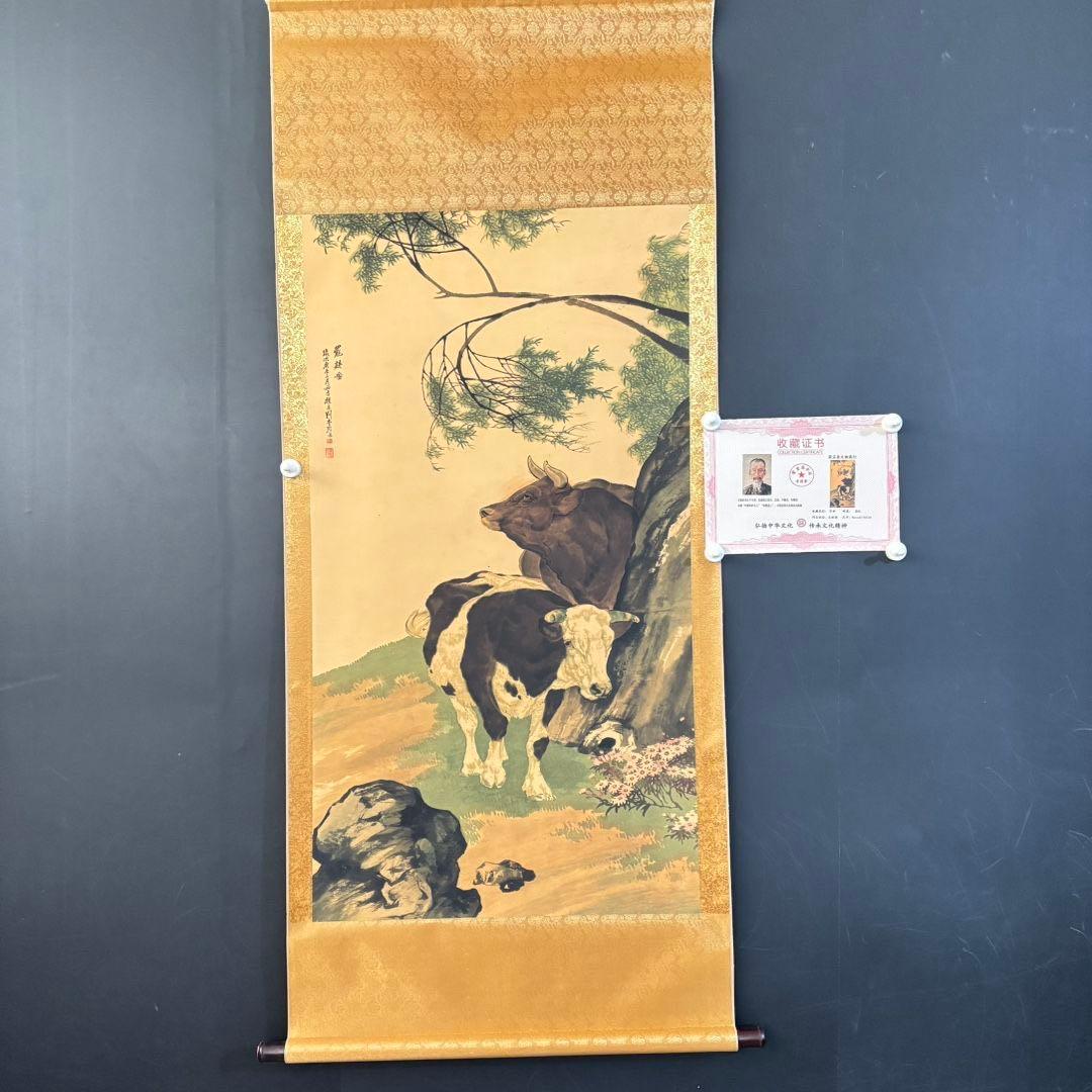 【特価】劉奎齢 双牛図 掛け軸 中堂｜中国絵画｜四尺｜証書付き