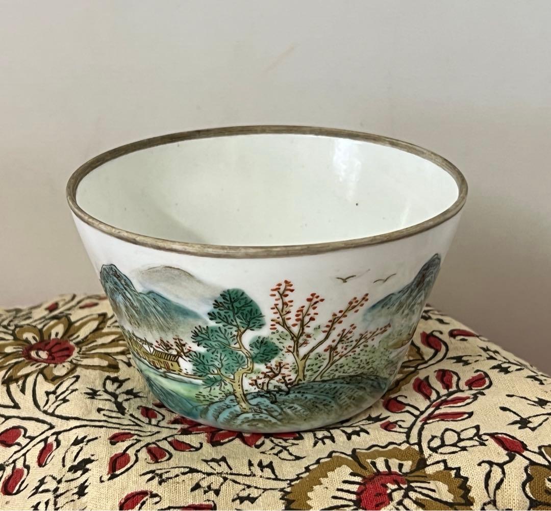 古美術• 手描粉彩山水人物水盂•【大清道光年製】在銘 • 時代物　XG55