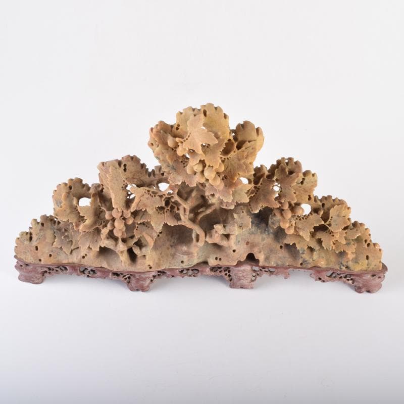 中国　玉石蝋石青田石　楼閣山水雕　床飾　置物　C　6952A