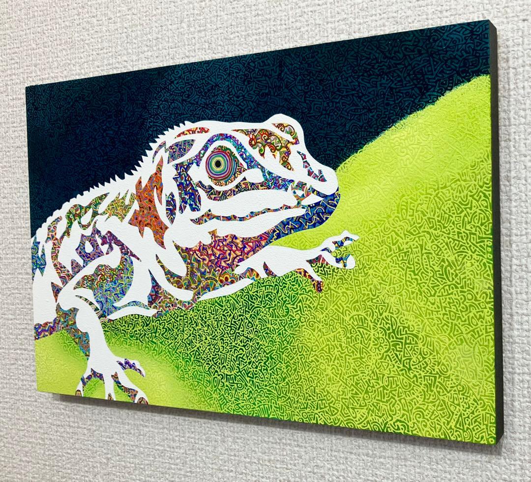 原画　爬虫類　動物画　絵画　アクリル画　現代アート　細密画　手描き　一点物