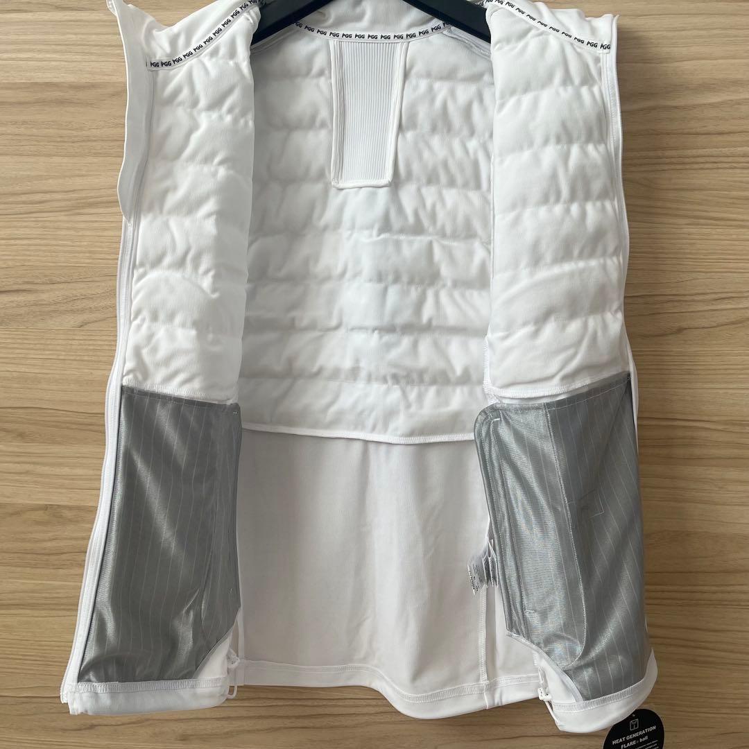 新品★46,200円 中綿ダウンベスト PGG パーリーゲイツ 防寒白×黒ロゴ５