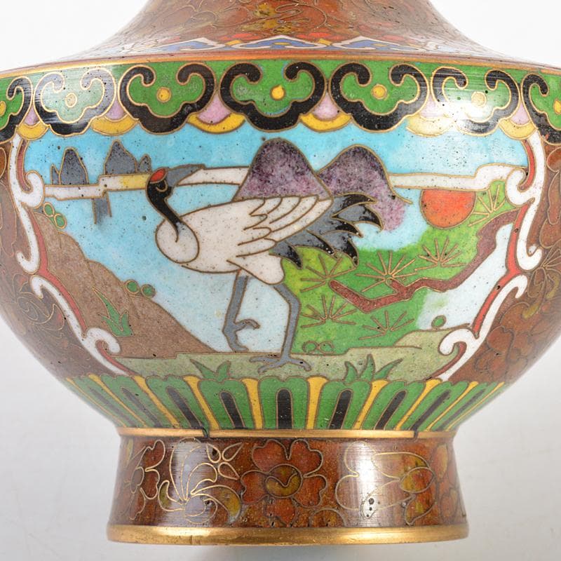 中国　古七宝琺瑯彩　鶴文瓶　扇子文盤　花瓶　皿　2点まとめて　M　R5802