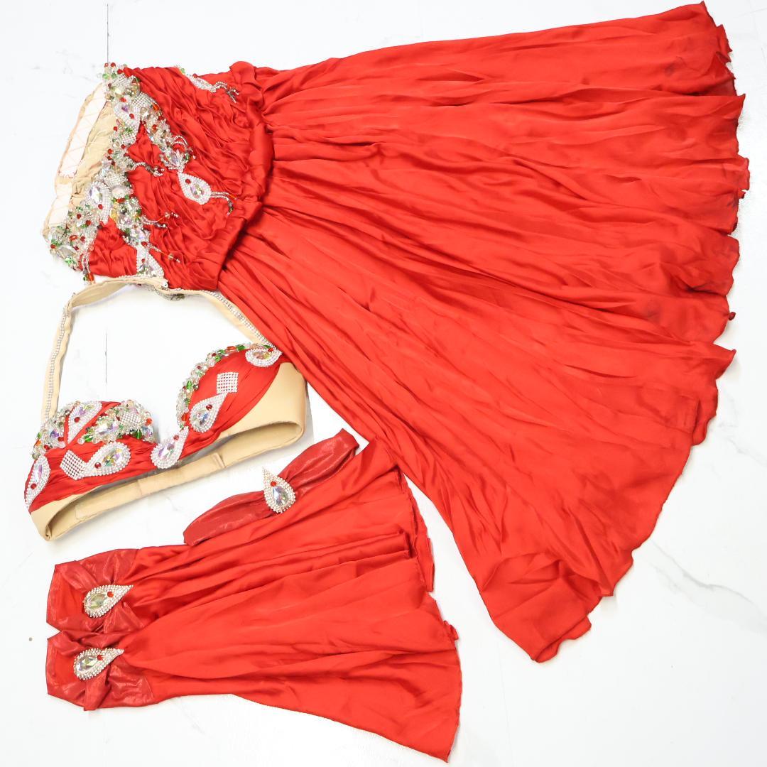 【ベリーダンス用 オリエンタル衣装】レッド ビジュー＆ラメ多数 セットアップ