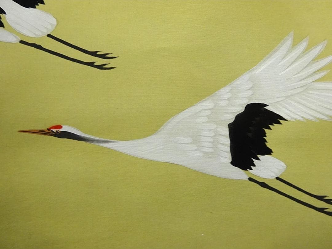 【真作】掛軸 田上芳泉『旭日鶴』日本画 絹本 肉筆 共箱付 掛け軸 p06219