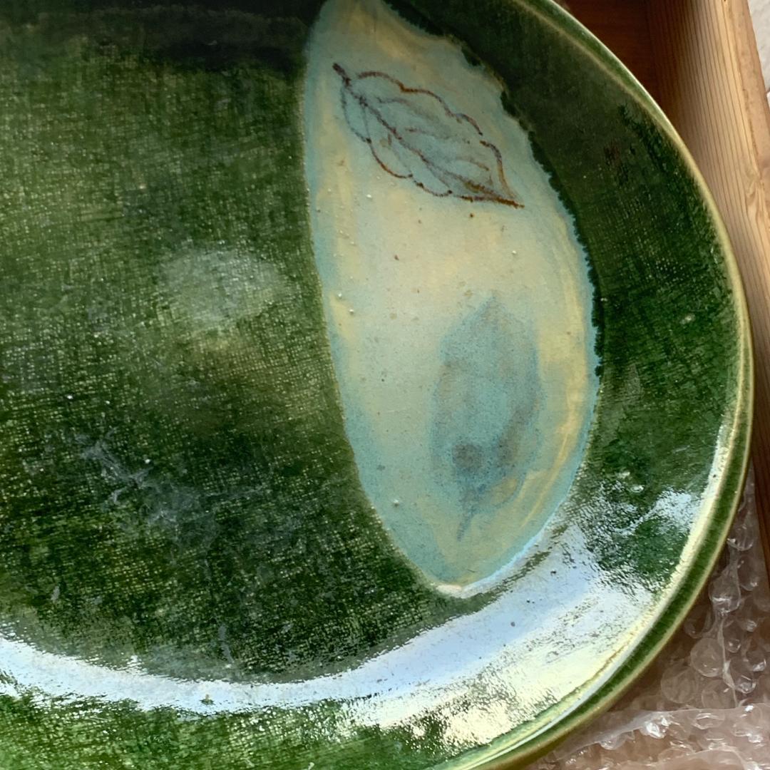 織部　大皿　箱付　水面　葉　作者不明　古道具　直径約30㎝　落款印有