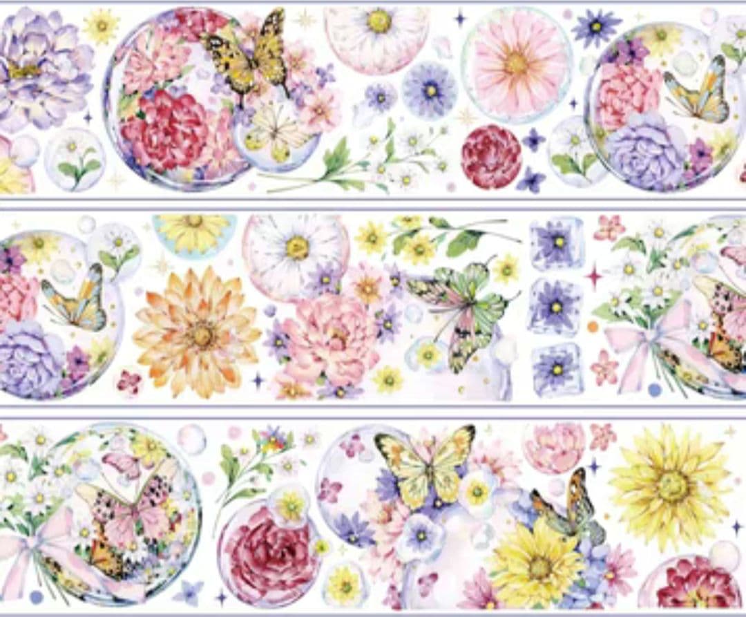 巻売 121★ 海外 マスキングテープ マステ PET 装飾 蝶 花 銀ホロ