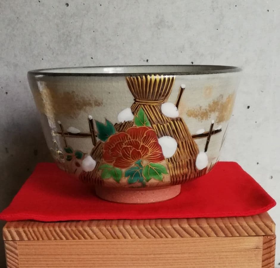 茶道具 寒牡丹 茶碗 ＆ 鋳銅蓋置 NO317