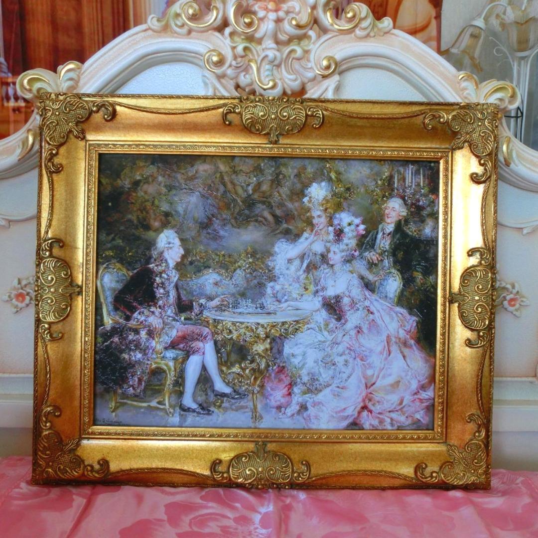 中世ヨーロッパ貴族を描いたロココ額絵 W65cm H55cm