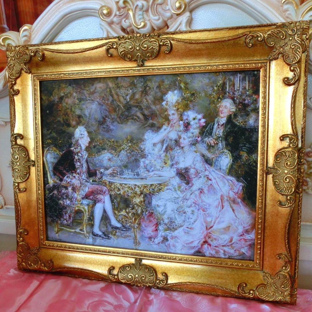 中世ヨーロッパ貴族を描いたロココ額絵 W65cm H55cm