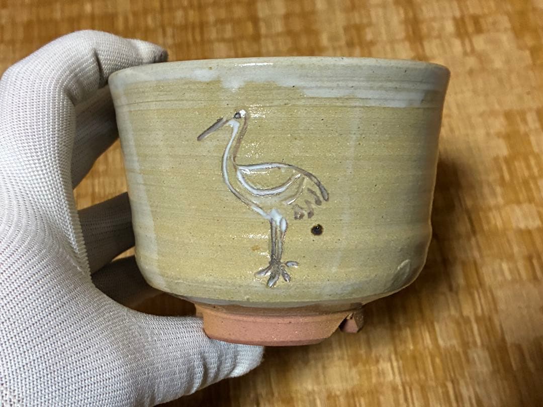 茶道具 布志名焼 鶴彫刻 陶器 茶碗 共箱 【八世　土屋善四郎(雲善) 造】