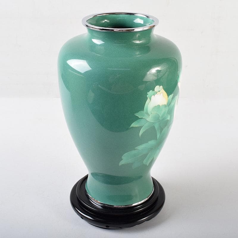 七宝焼　牡丹文　花瓶　唐木台・時代箱付　M　R8760B