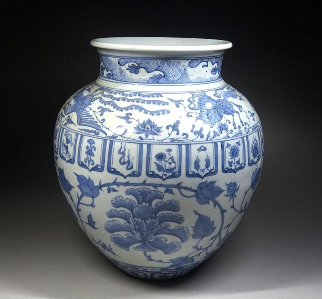 時代物 九谷焼 九谷万年窯 染付花瓶 元染写 古陶磁 高約28cm t97019