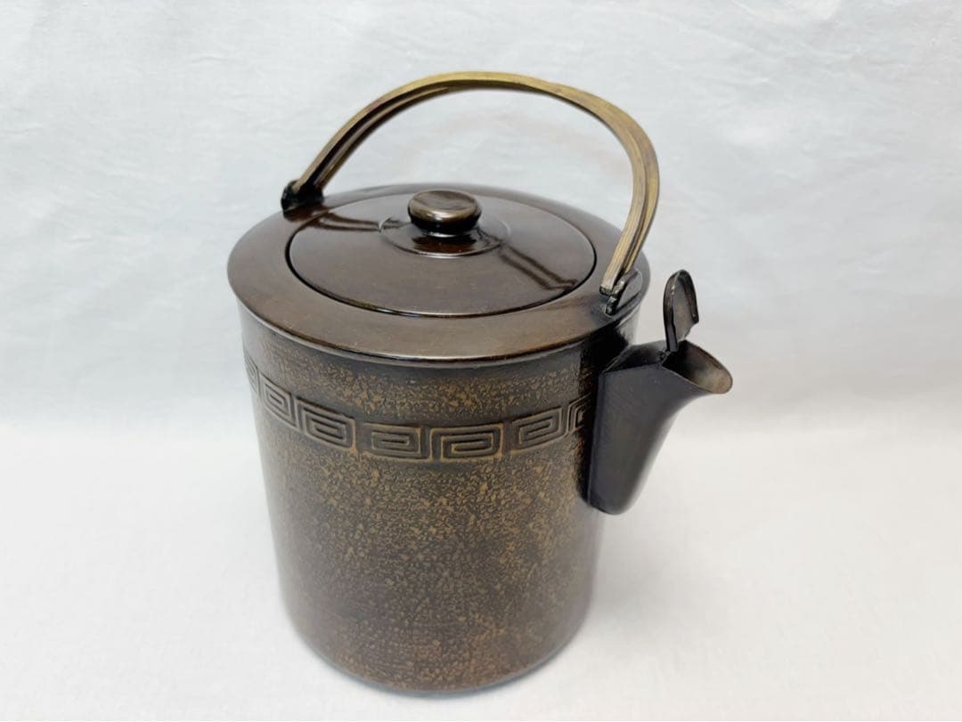 美品 茶道具 銅製 寸度形雷紋 水注 やかん 口蓋 薬缶 湯沸 金属工芸 紙箱