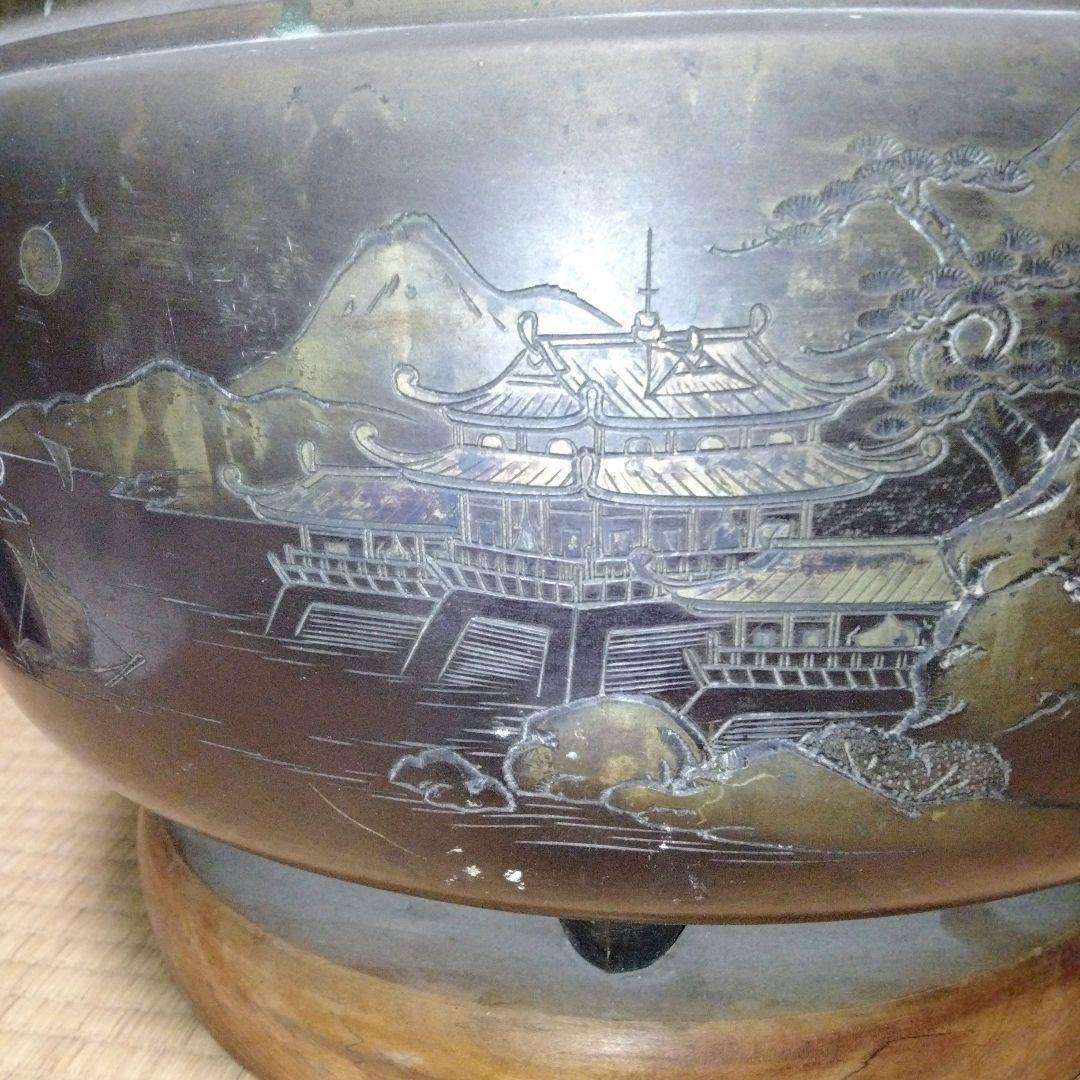 火鉢 彫刻風景デザイン　特大サイズ　レトロ　ヴィンテージ　骨董