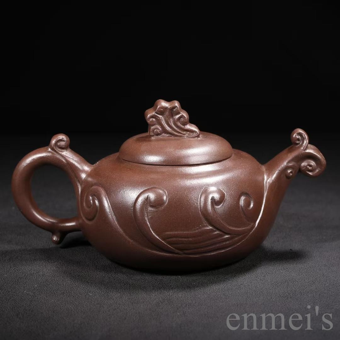 中国古美術 中国宜興 紫砂壺 如意壺 底款汪寅仙 原鉱紫泥 急須 茶壺 煎茶道具