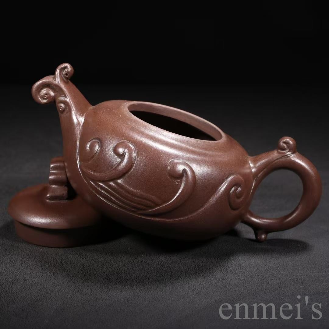 中国古美術 中国宜興 紫砂壺 如意壺 底款汪寅仙 原鉱紫泥 急須 茶壺 煎茶道具