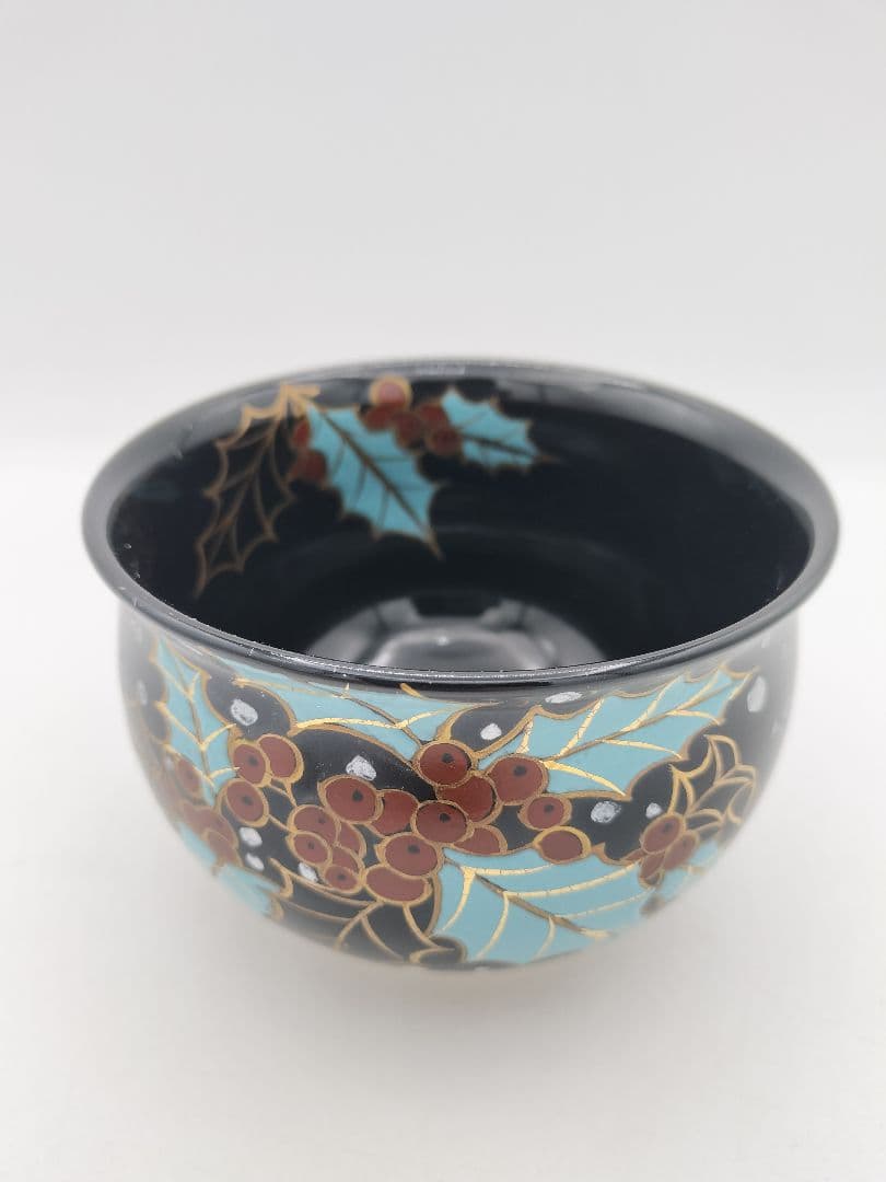 c410【新品・未使用】茶碗 黒仁清 柊に雪 水出絢 紙箱 茶道具