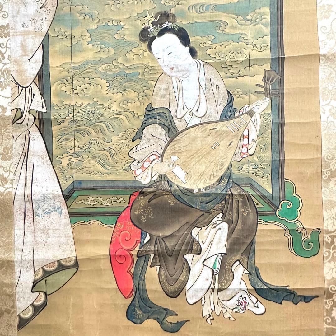 2108様感謝‼️真作　妙なる音色‼️狩野渓雲来信「琵琶仙女」掛け軸　美人画落款署名