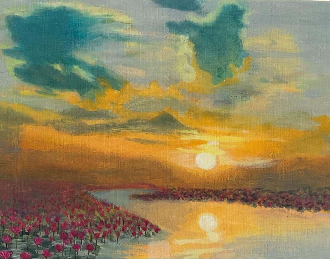 油彩画　［　夕日に映える　」F6号　原画