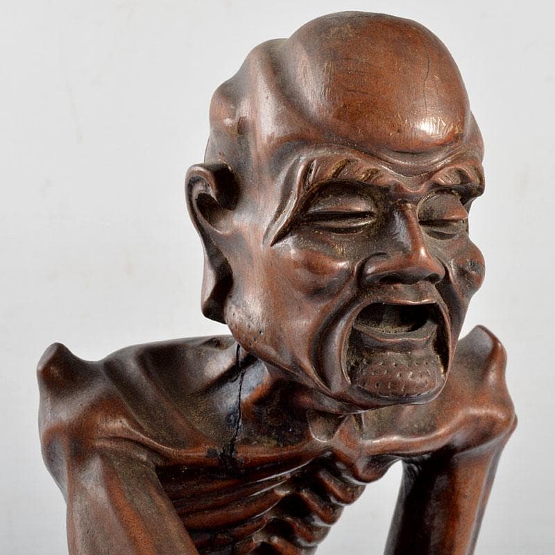 中国　唐木黄楊木 彫刻　達磨像　人物像　置物　台付　H　R4819