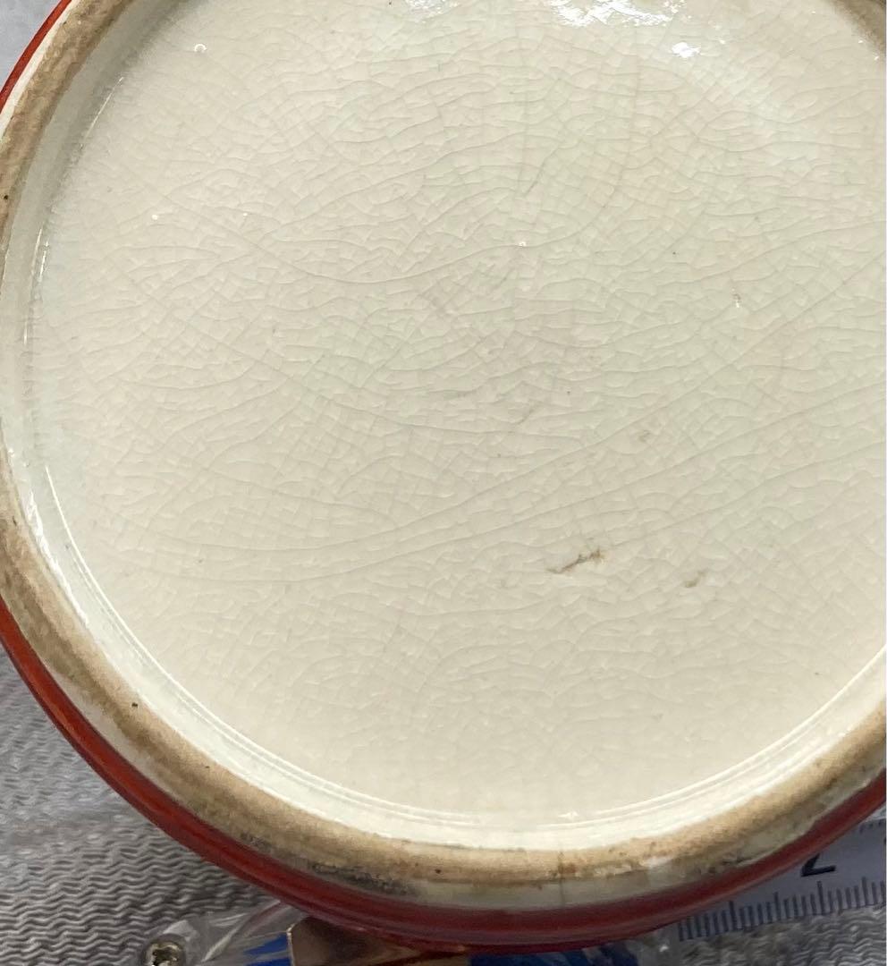 B46s  九谷焼　赤絵九谷人物に草花図手桶形花生　賢人牡丹菊　明治大正