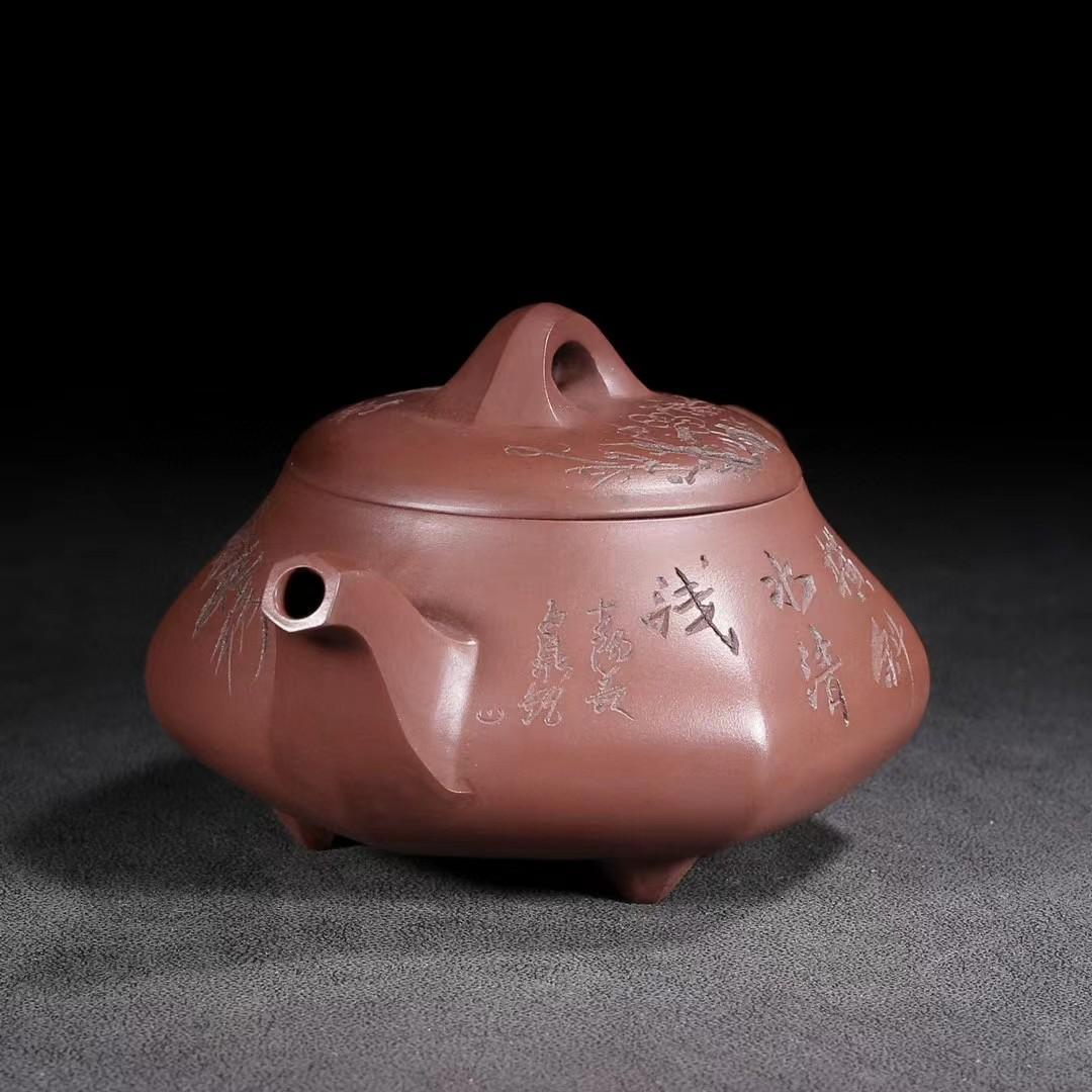 中国古美術・六方紫砂壺・底款：武陵の芸人・宜興原鉱・赤泥急須・茶壺・茶道具・置物