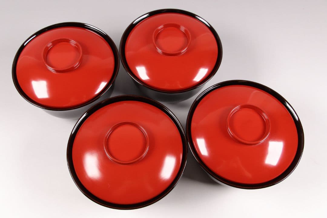 CK82 塗師 辻石斎 盃蓋吸物椀 四客 朱塗 黒塗 波に鳥 金蒔絵 木製漆器