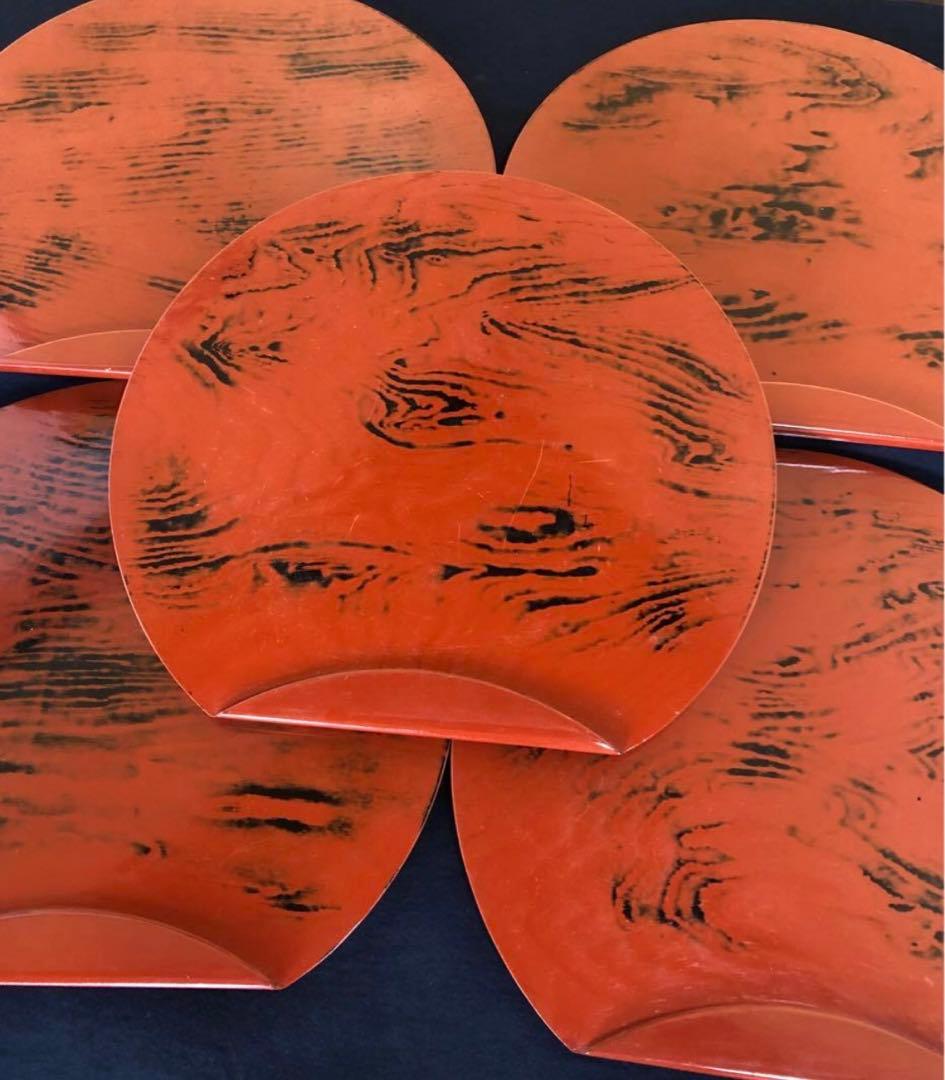 《R》根来塗 半月盆5客 膳 木製漆器 懐石 元箱　250820G1