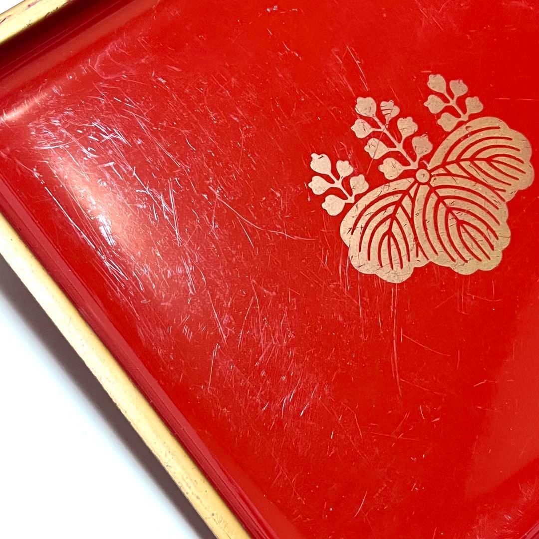 ■両山紋・茶菓盆■曹洞宗・久我竜胆・五七桐・角盆・トレー・漆器・朱色・慶事・茶道