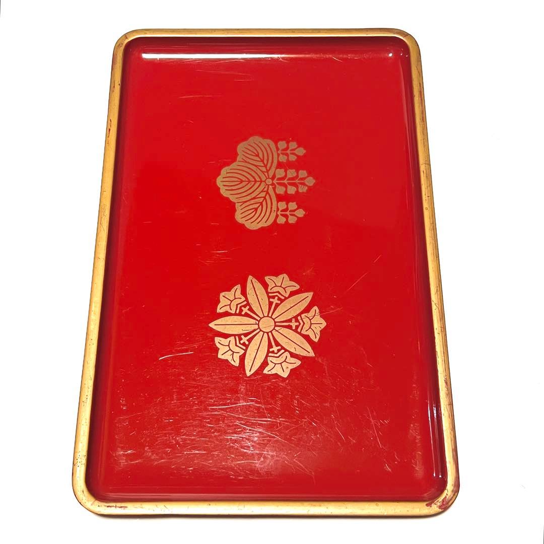 ■両山紋・茶菓盆■曹洞宗・久我竜胆・五七桐・角盆・トレー・漆器・朱色・慶事・茶道