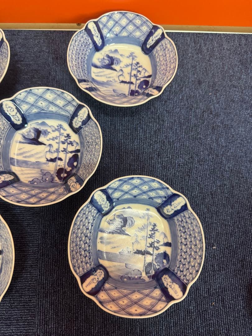 1858  古伊万里　染付山水　大明成化年製銘　皿　5客　未使用