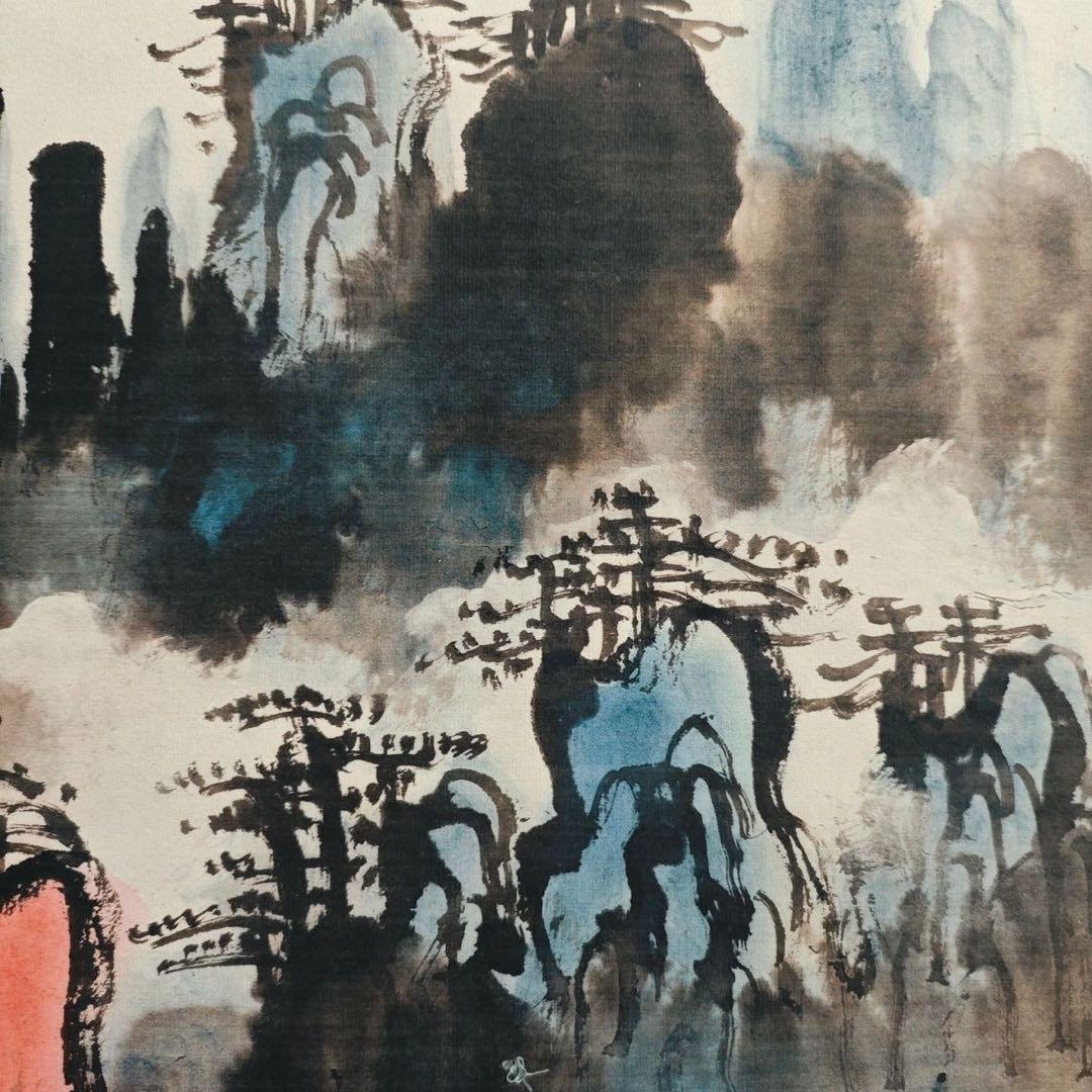 中国画 刘海粟・山水 天下奇観 四尺中堂掛軸　宣紙装裱175×70cm実物撮影