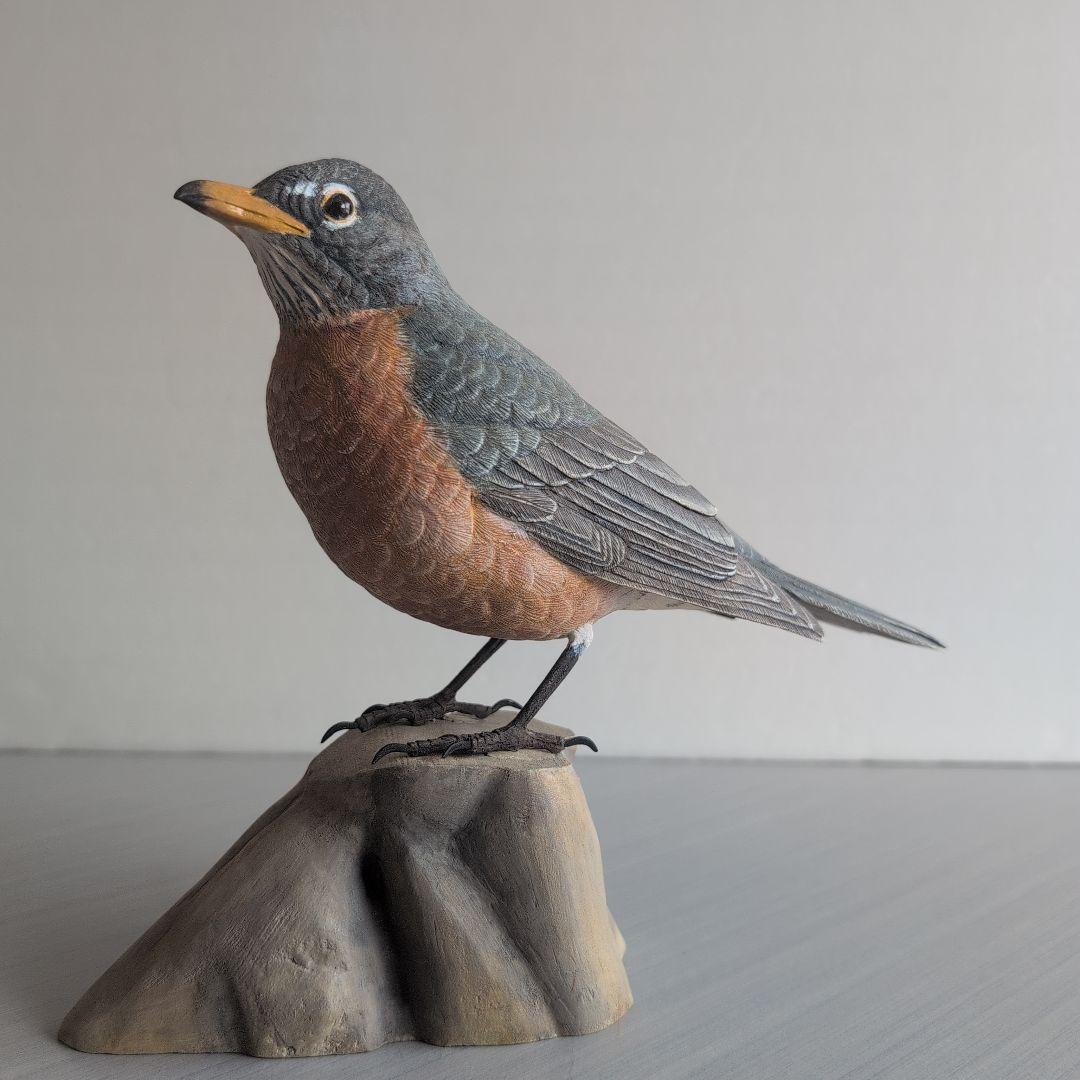 リアル木彫り　コマツグミ(アメリカン　ロビン) 野鳥彫刻 バードカービング