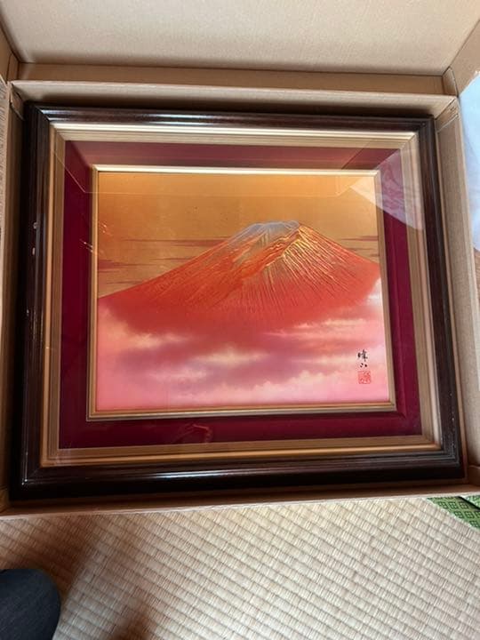 【美品】赤富士　美芸彫金パネル