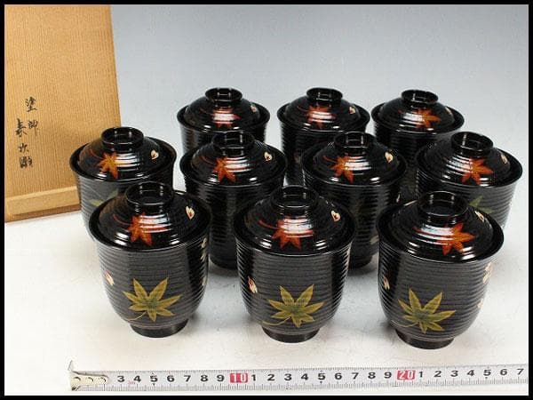塗師 表次造 色絵雲錦 黒小吸物椀 十客 共箱 美品(K-XA874)