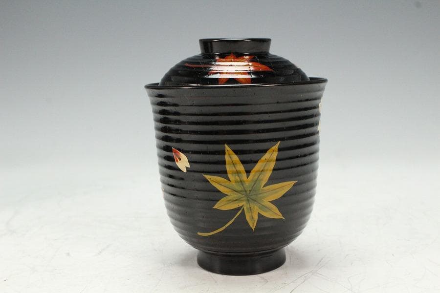 塗師 表次造 色絵雲錦 黒小吸物椀 十客 共箱 美品(K-XA874)