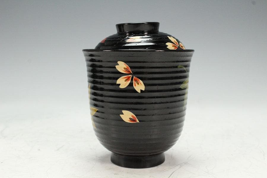 塗師 表次造 色絵雲錦 黒小吸物椀 十客 共箱 美品(K-XA874)