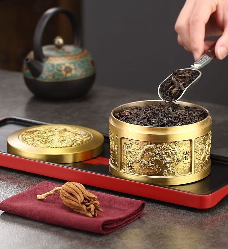 銅 細工 レリーフ竜紋茶壺 茶道具 香道具 工芸品 置物