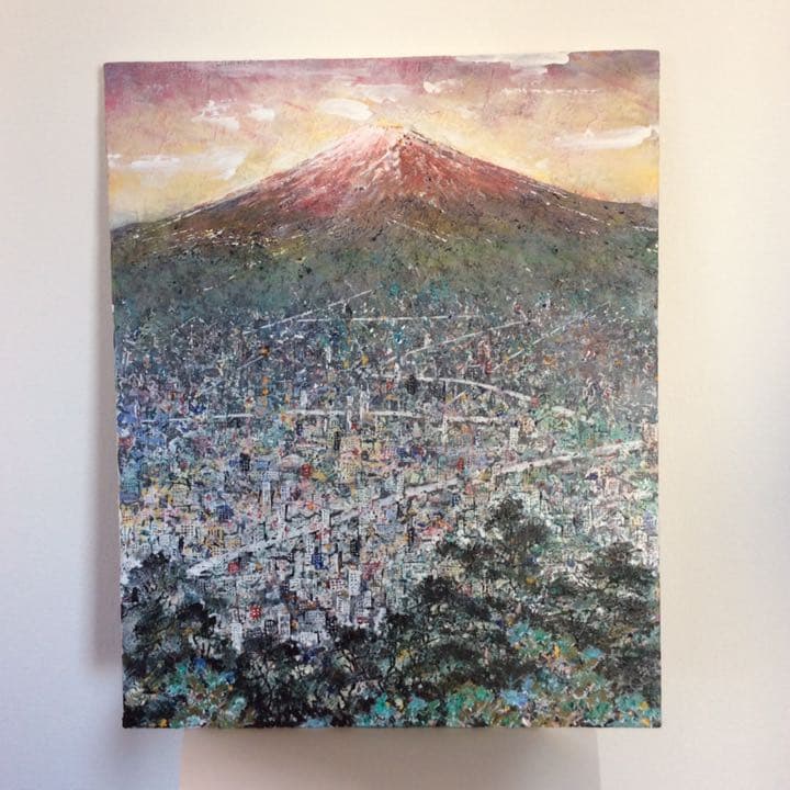 赤く染まった富士山（アクリル画）