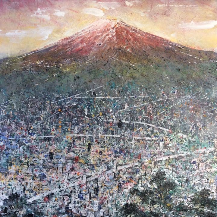 赤く染まった富士山（アクリル画）