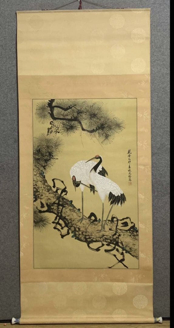掛軸　花鳥画　松鶴延年図　絹本　手描き　美品