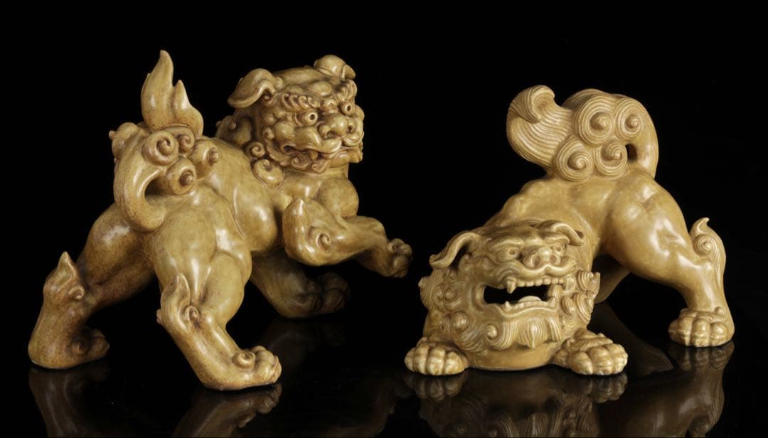 で*い様 九谷焼 玉獅子 双獅子置物 一対 共箱付 24cm 唐獅子 狛犬 古美