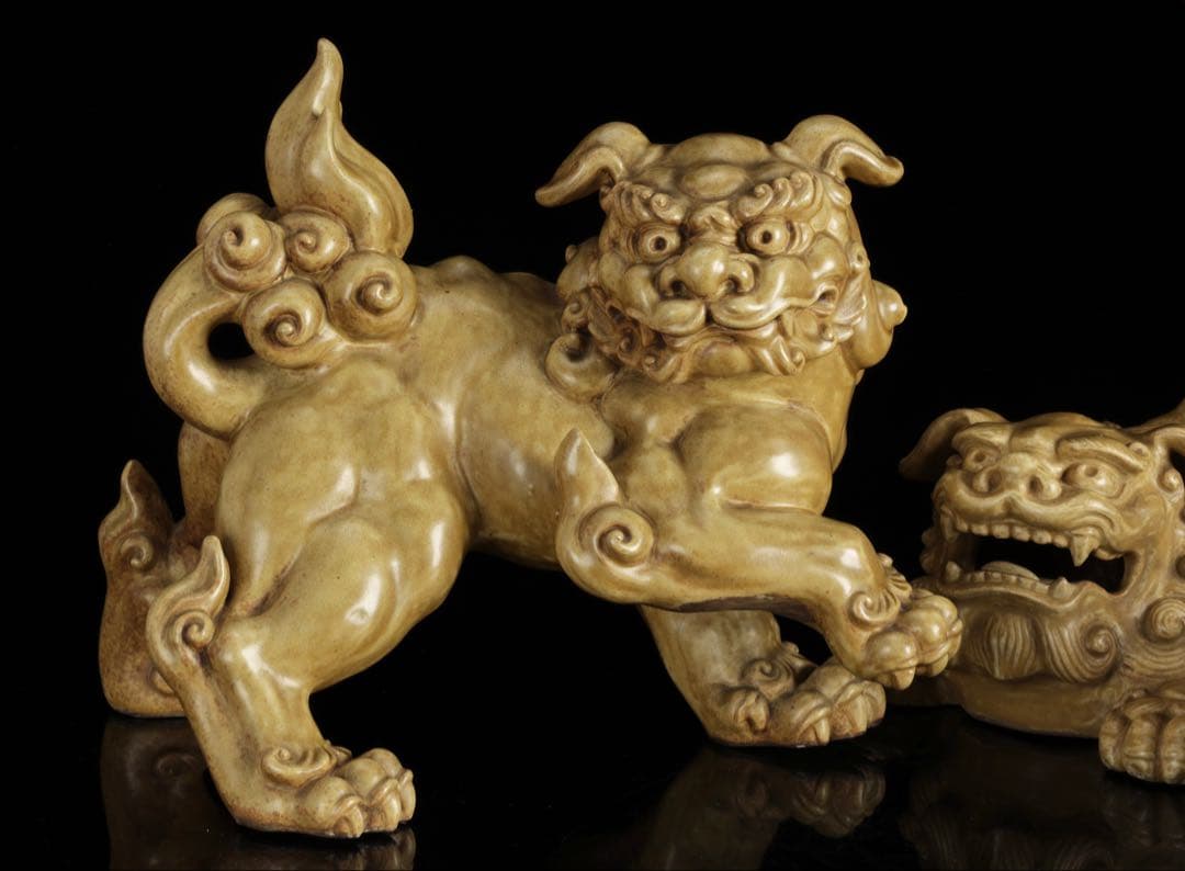 で*い様 九谷焼 玉獅子 双獅子置物 一対 共箱付 24cm 唐獅子 狛犬 古美