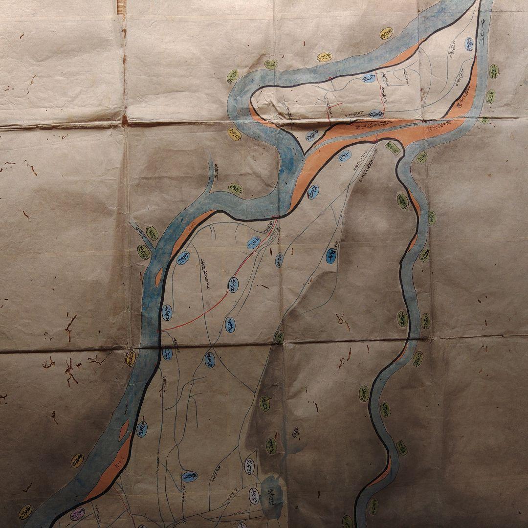 江戸時代　越後味方村白根付近　彩色古地図　和紙裏打　長さ196cm