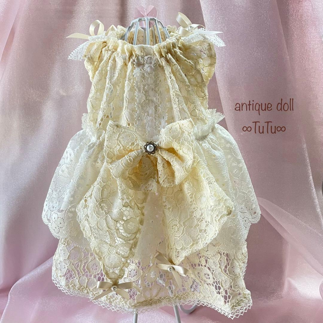 アンティークドールワンピ✴︎フレンチスリーブ　犬服　ハンドメイド　∞TuTu∞