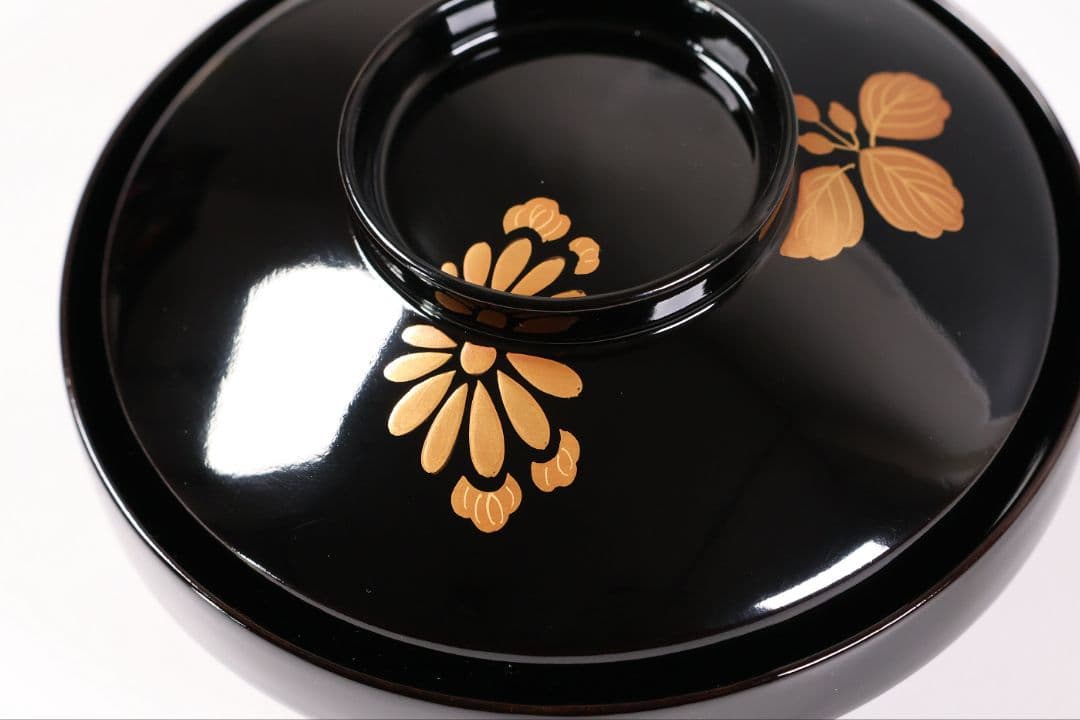 【CM403】天然木漆塗 菊桐鳳凰金蒔絵 黒塗 吸物椀 1客 昭和期 木製漆器