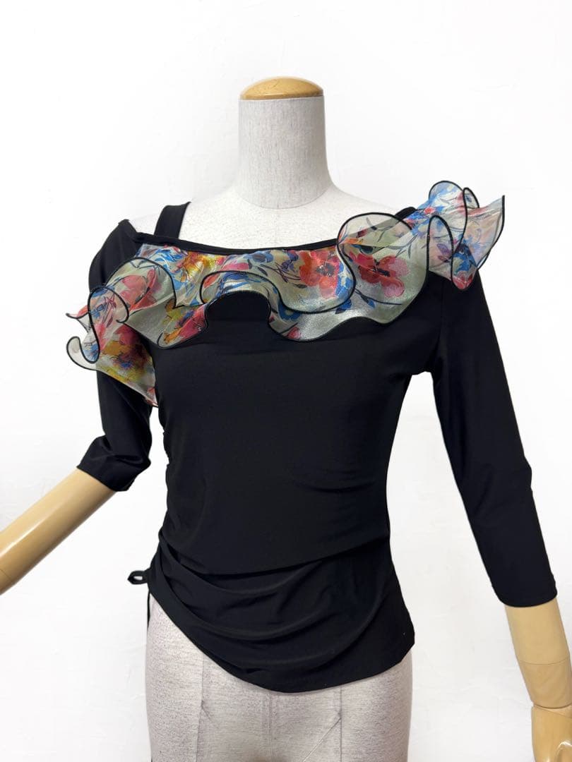 【新品】ピンク花柄プリントオーガンジーフリルスカート社交ダンスツーピースb857