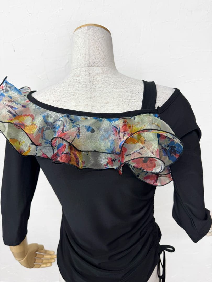 【新品】ピンク花柄プリントオーガンジーフリルスカート社交ダンスツーピースb857