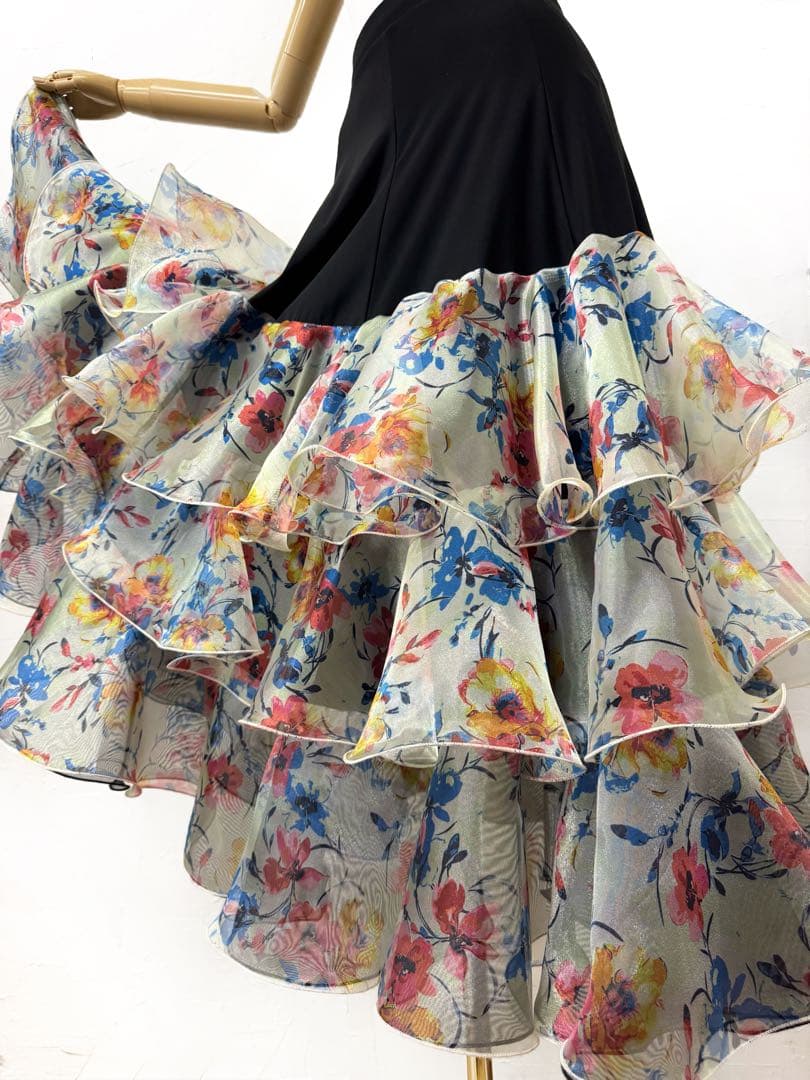 【新品】ピンク花柄プリントオーガンジーフリルスカート社交ダンスツーピースb857